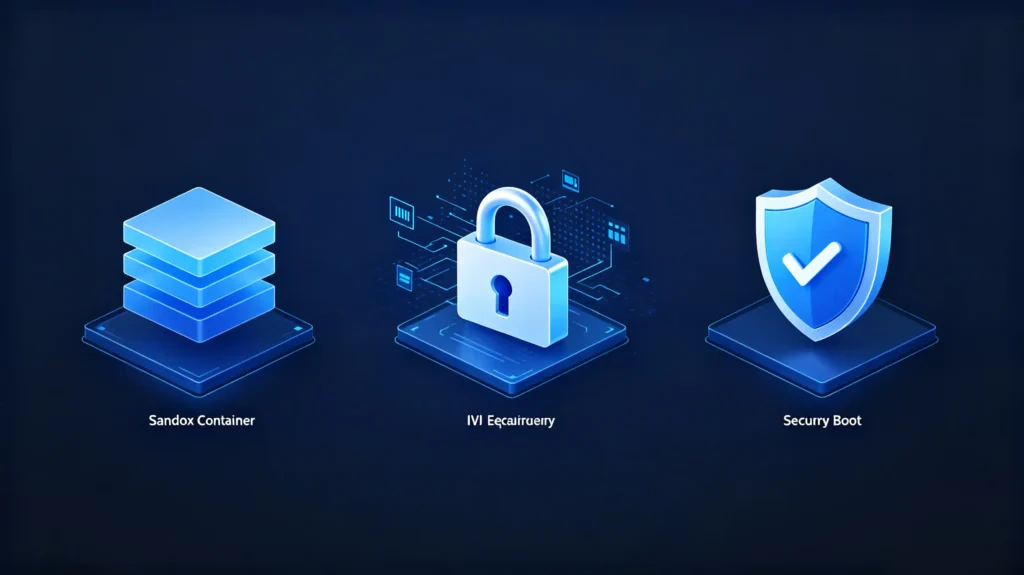 Android IVI security features including app sandbox, encrypted storage and secure boot