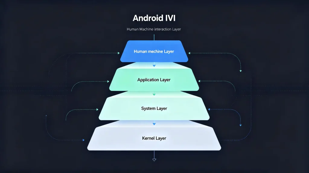 Android IVI system architecture diagram showing kernel, system, application and interaction layers