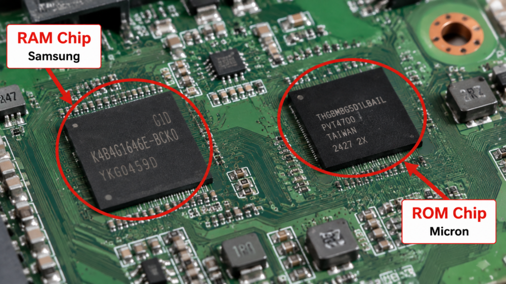 Android car stereo mainboard showing RAM and ROM memory chip locations — how to verify actual hardware specs