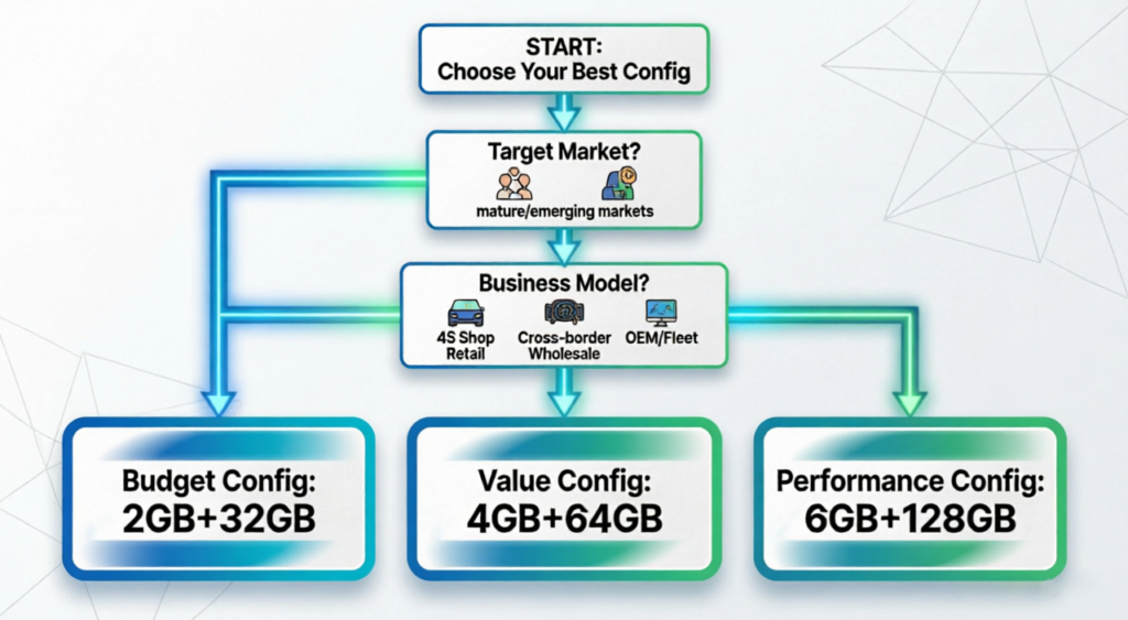 Android head unit RAM ROM configuration decision flowchart for B2B buyers — matching specs to 4S dealership, wholesale, fleet, and OEM scenarios