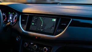 Android head unit installed in a vehicle dashboard with the Android operating system interface displayed on the touchscreen