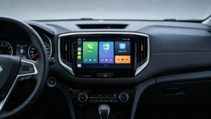 Automotive Android infotainment system home screen with navigation and media apps