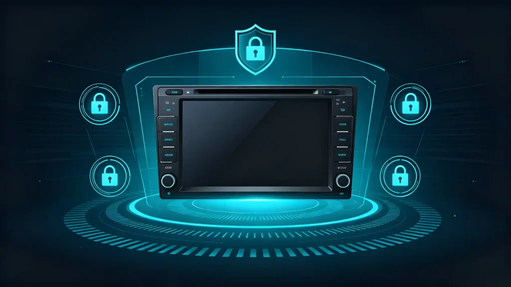 Automotive infotainment cybersecurity protection concept with lock and shield icons