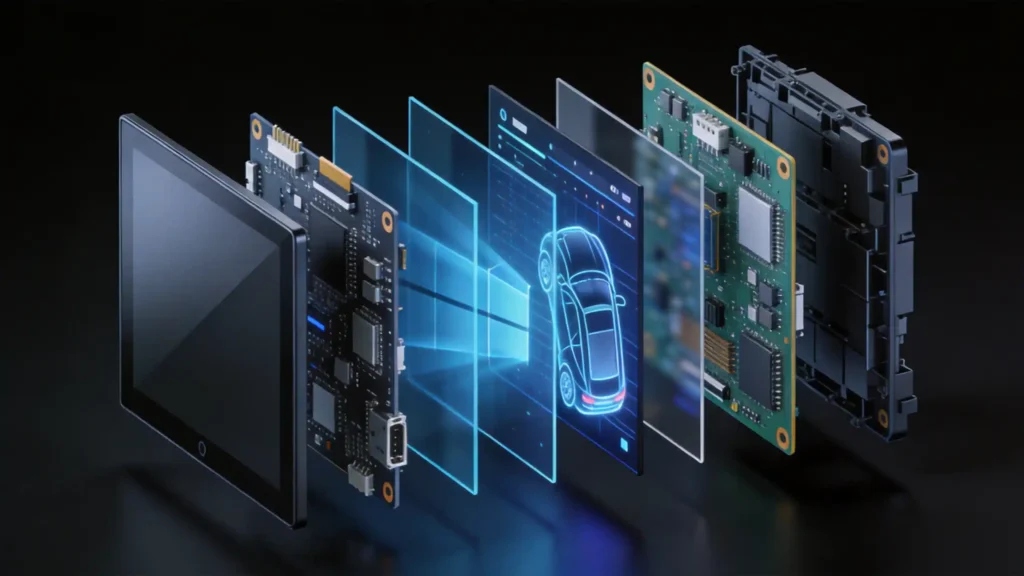 Automotive touch display module five-layer component stack diagram