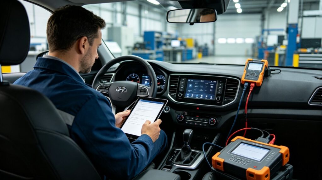 B2B sourcing quality inspection technician testing voice recognition accuracy with multiple speakers inside a sample vehicle, reviewing OTA map update documentation on tablet