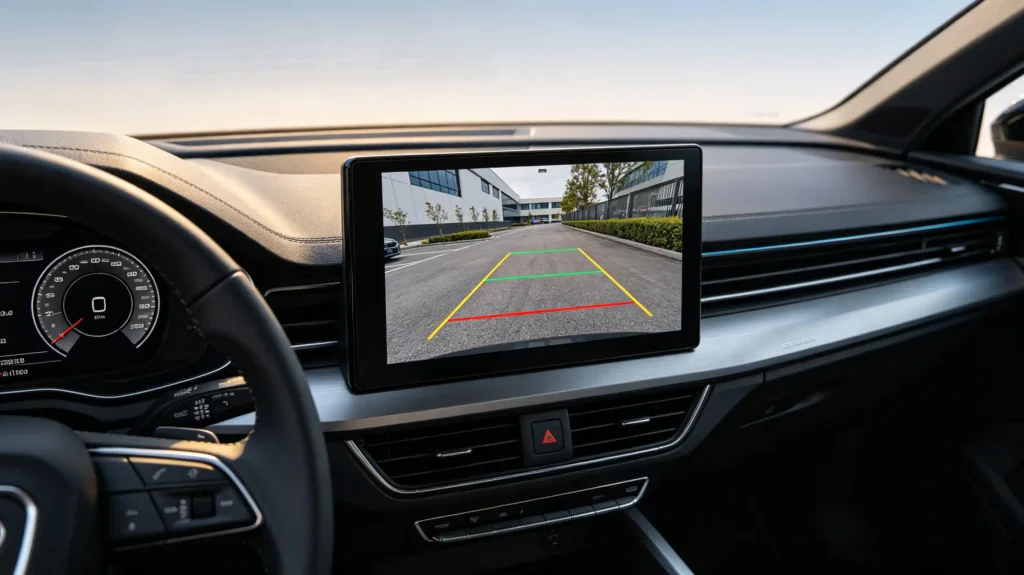 Backup camera display on head unit with parking guidelines