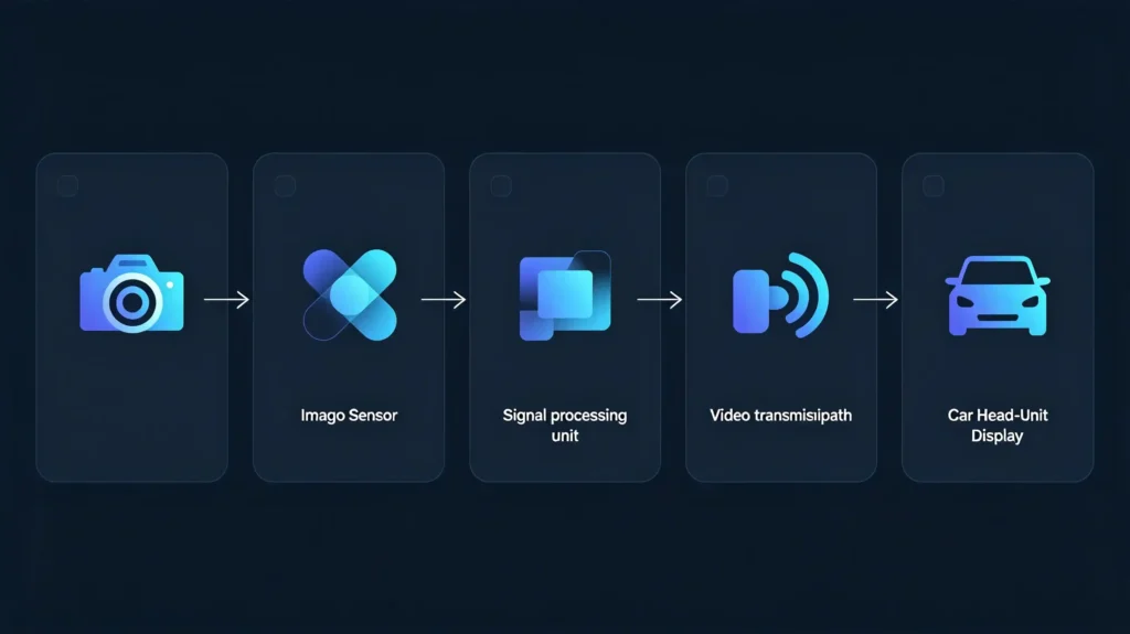 Backup camera video signal flow from lens to head unit display