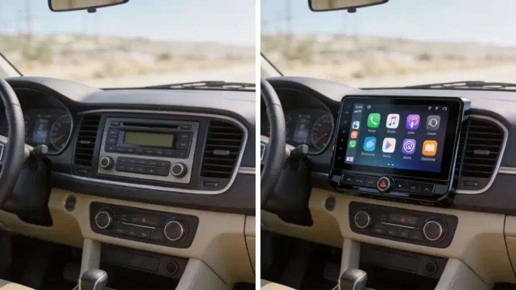 Before and after car stereo installation comparison showing factory radio replacement with aftermarket touchscreen head unit