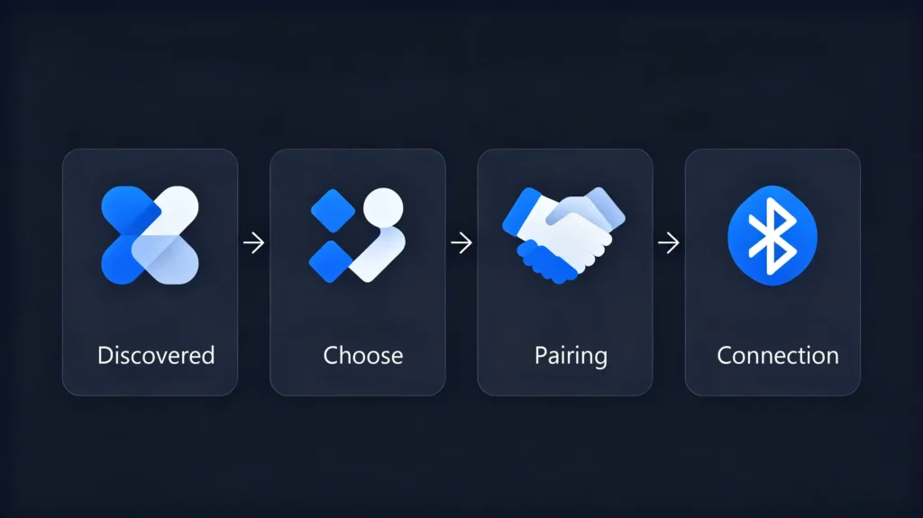 Bluetooth pairing process flow from discovery to connection on car stereo
