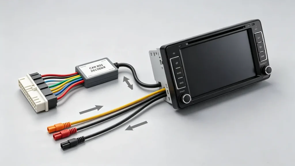 CAN Bus adapter wiring diagram showing connection between vehicle wiring harness, CAN Bus decoder, and aftermarket head unit for steering wheel control and vehicle data integration