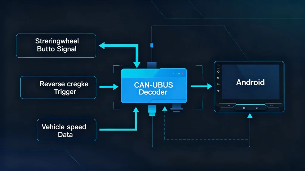 CAN Bus integration for vehicle data including steering wheel controls and reverse trigger
