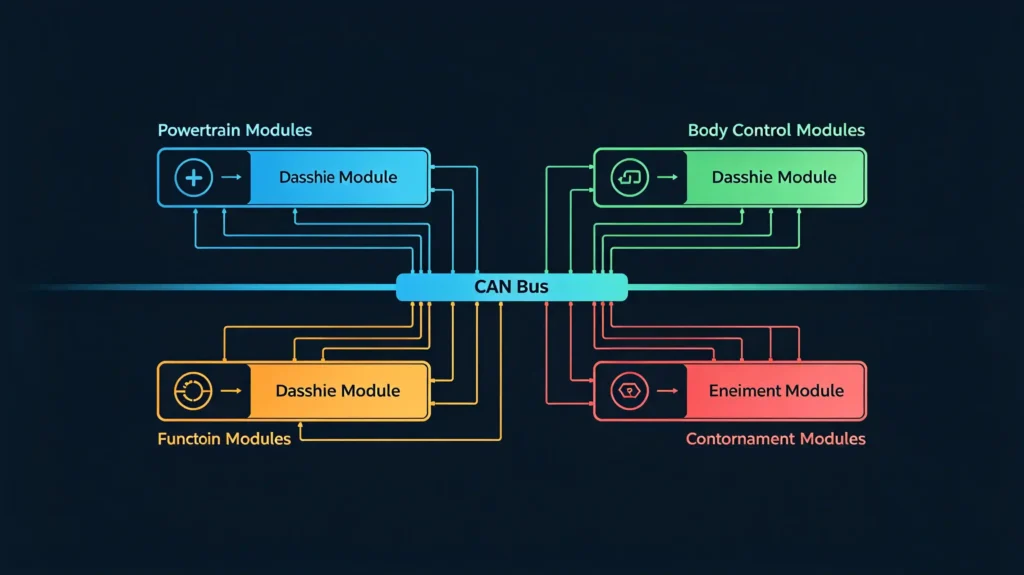 CAN Bus network topology showing multiple ECUs connected to twisted pair wires