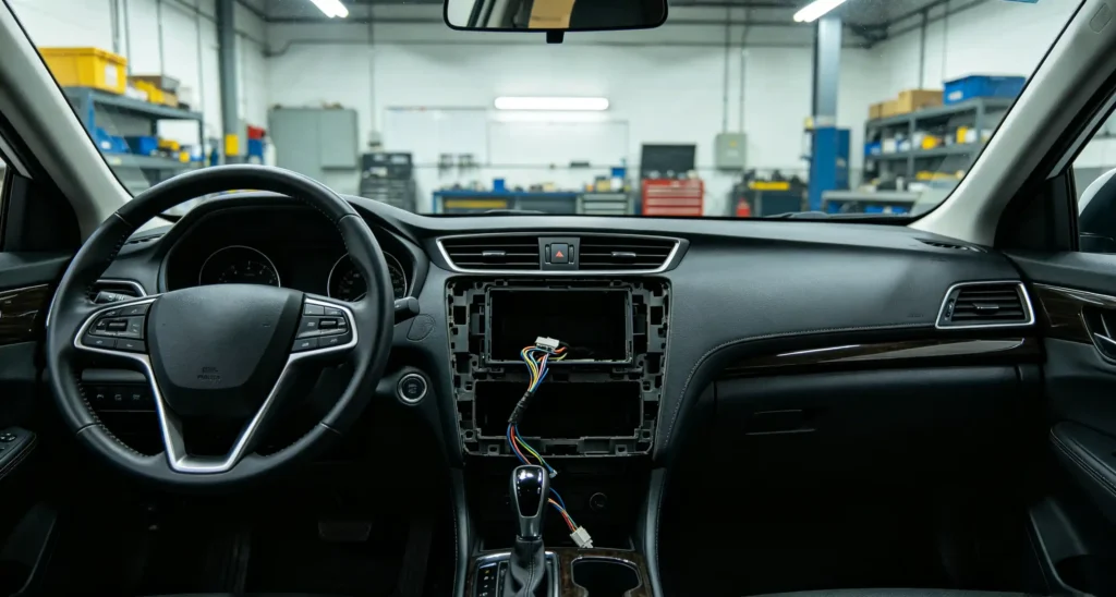 Car dashboard prepared for aftermarket navigation head unit installation