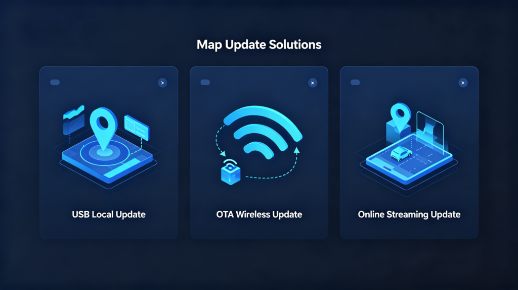 Car navigation map update methods comparison USB vs OTA vs online streaming