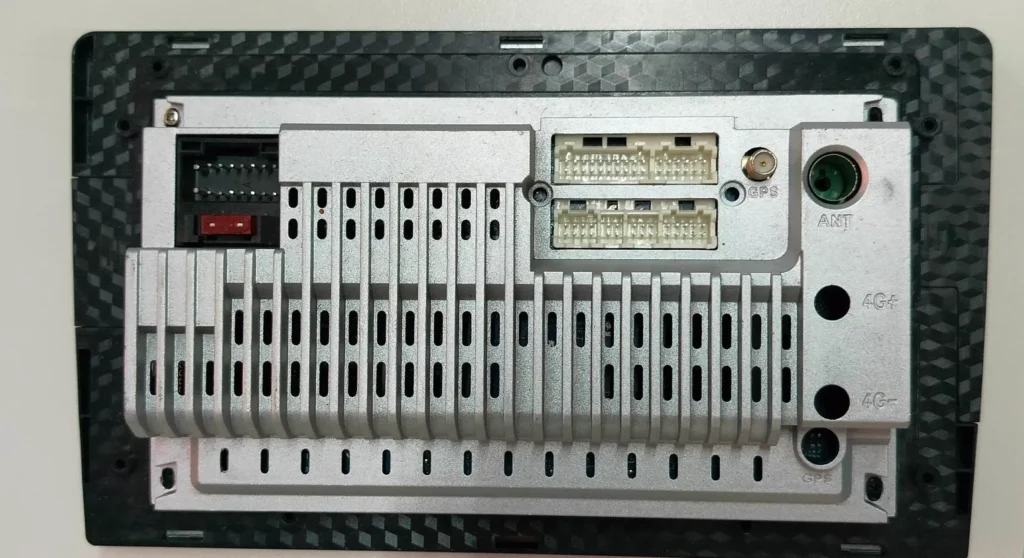 Car stereo rear panel with all connectivity ports labeled