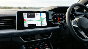 Close up of a high quality car navigation system screen showing GPS map, representing the core product in a B2B automotive electronics sourcing guide