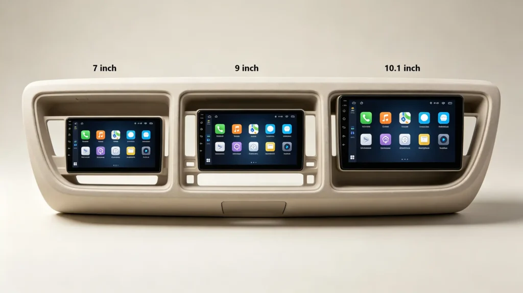 Comparison of 7-inch, 9-inch, and 10.1-inch car stereo screens in dashboard showing size differences and fitment impact