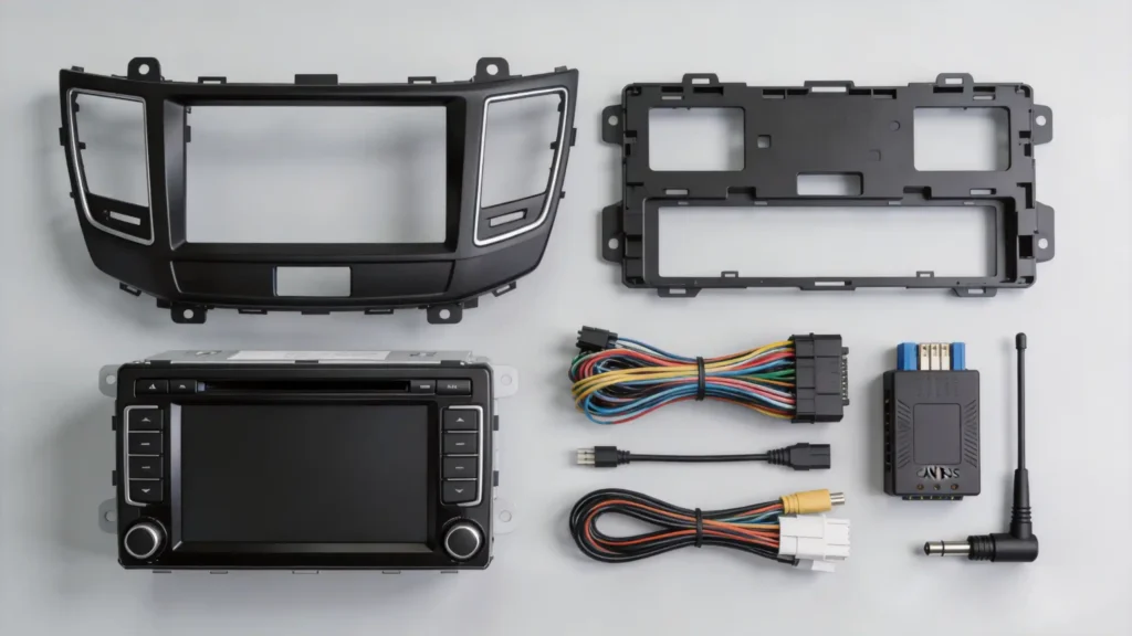 Complete car stereo installation kit including head unit, dashboard kit, wiring harness, CAN Bus decoder, and antenna adapter for aftermarket installation