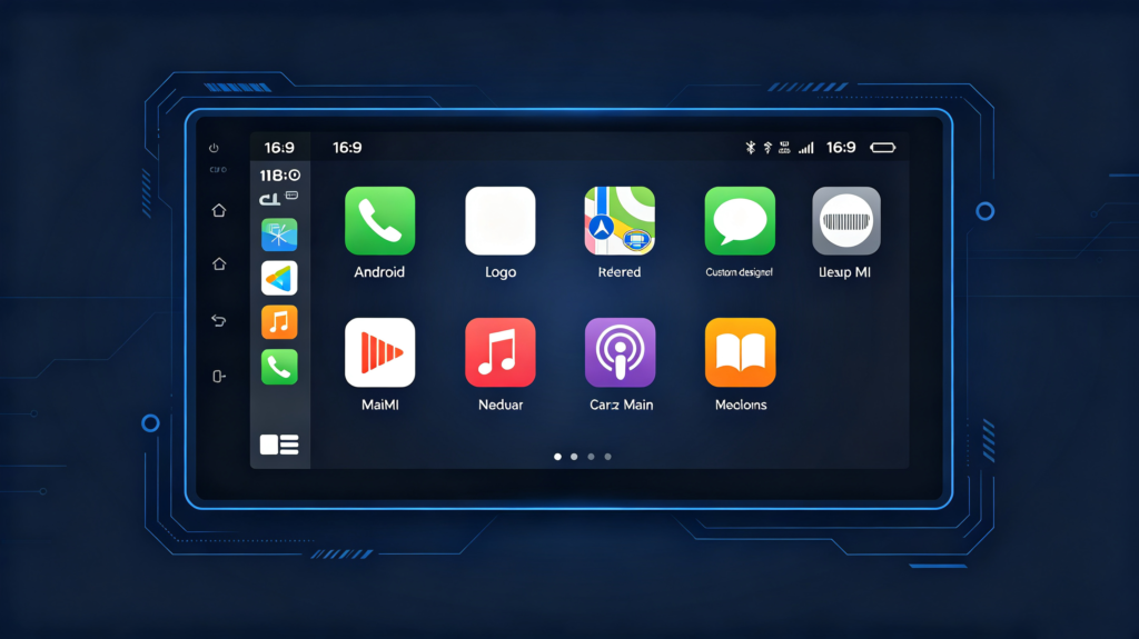 Custom Android head unit UI with branded theme, logo and custom icons