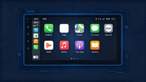Custom Android head unit UI with branded theme, logo and custom icons