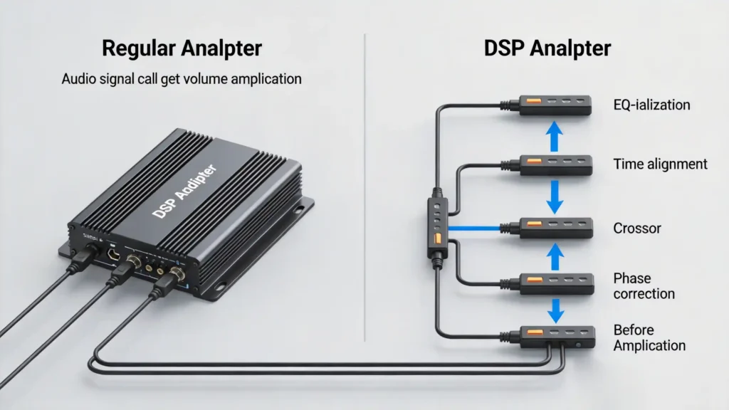 DSP amplifier versus regular car stereo amplifier comparison showing signal processing differences — EQ, time alignment, crossover, and phase correction versus basic volume boost