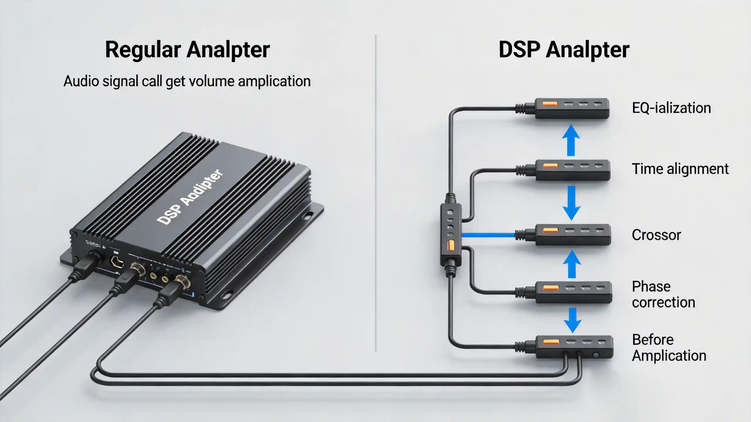 DSP amplifier versus regular car stereo amplifier comparison showing signal processing differences — EQ, time alignment, crossover, and phase correction versus basic volume boost