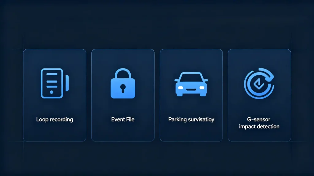 Dash camera key specifications including resolution, frame rate, sensor, FOV and storage