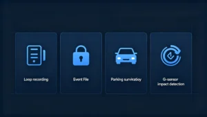 Dash camera key specifications including resolution, frame rate, sensor, FOV and storage