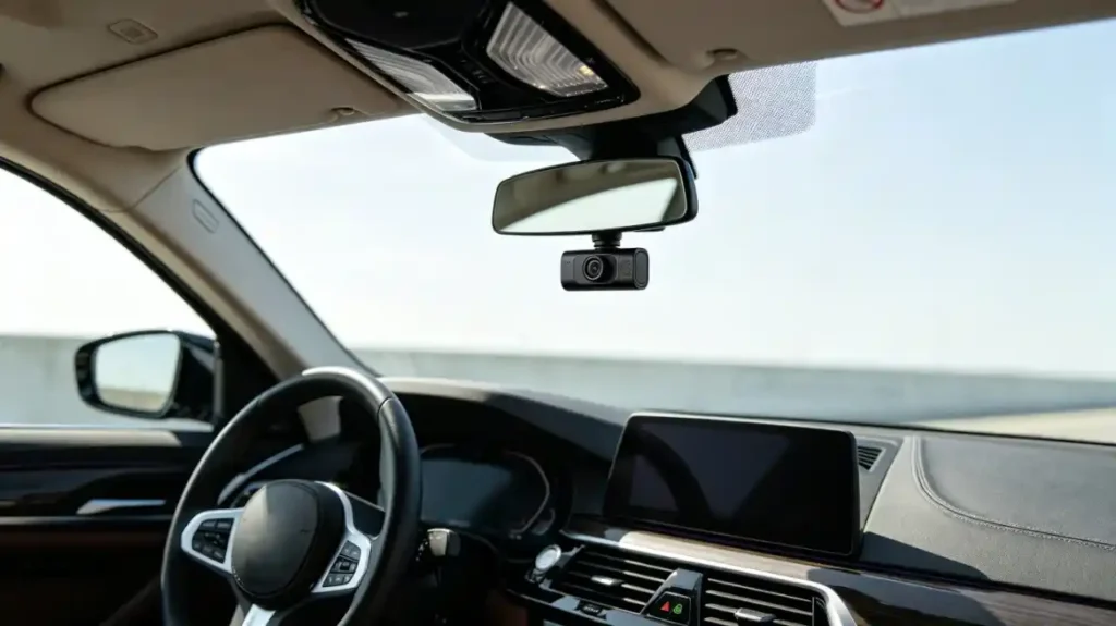 Dash camera mounted behind rearview mirror on vehicle windshield