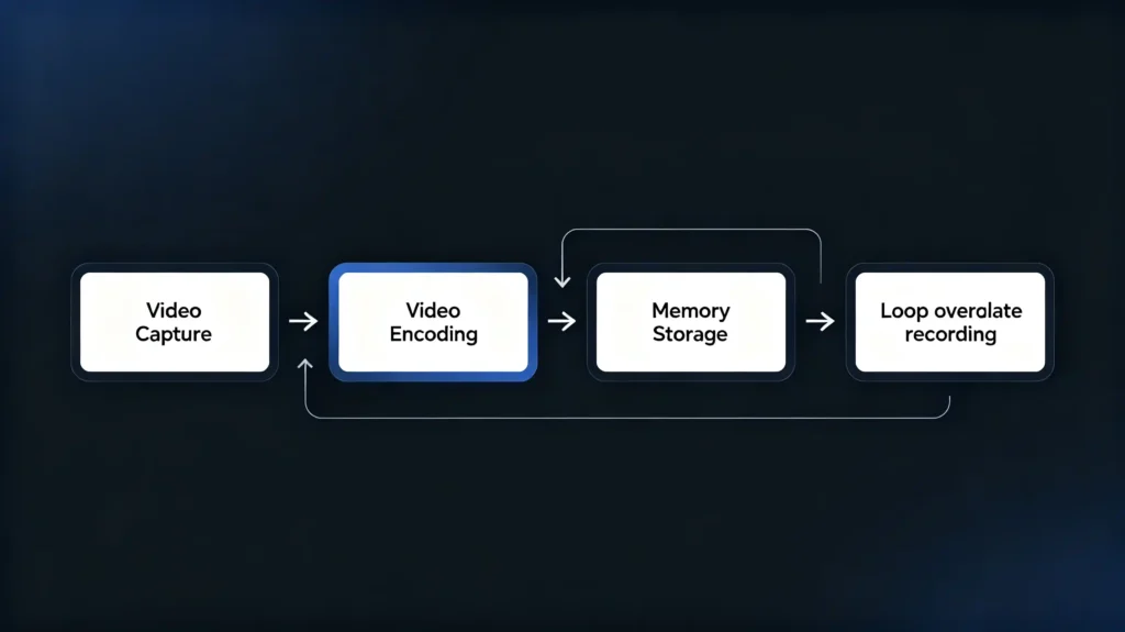 Dash camera recording workflow from capture to storage and loop overwrite