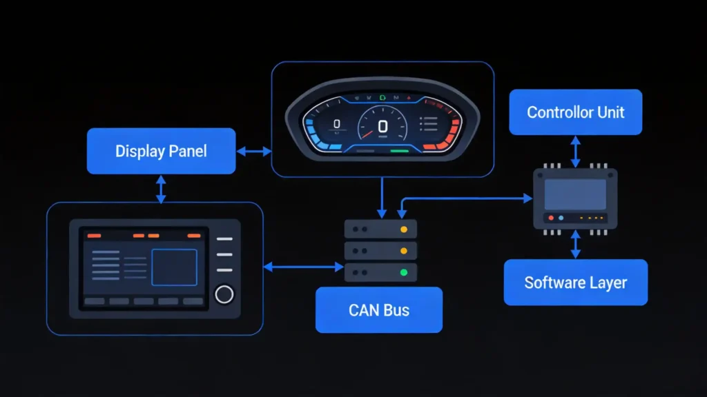 Digital gauge cluster system architecture with display panel, controller and CAN Bus interface