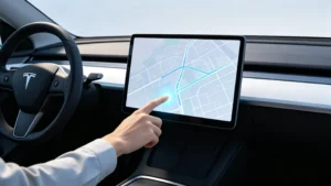 Driver touching car stereo touchscreen with navigation interface and responsive visual feedback