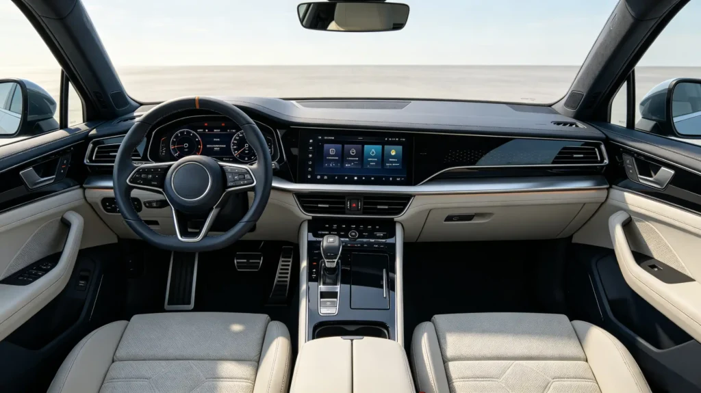 Driver using infotainment touchscreen while keeping eyes on the road