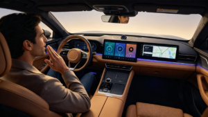 Driver using voice control for climate, media and navigation hands-free