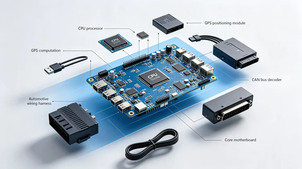 Car navigation system exploded view showing GPS module, mainboard, CAN bus decoder, wiring harness, and display assembly