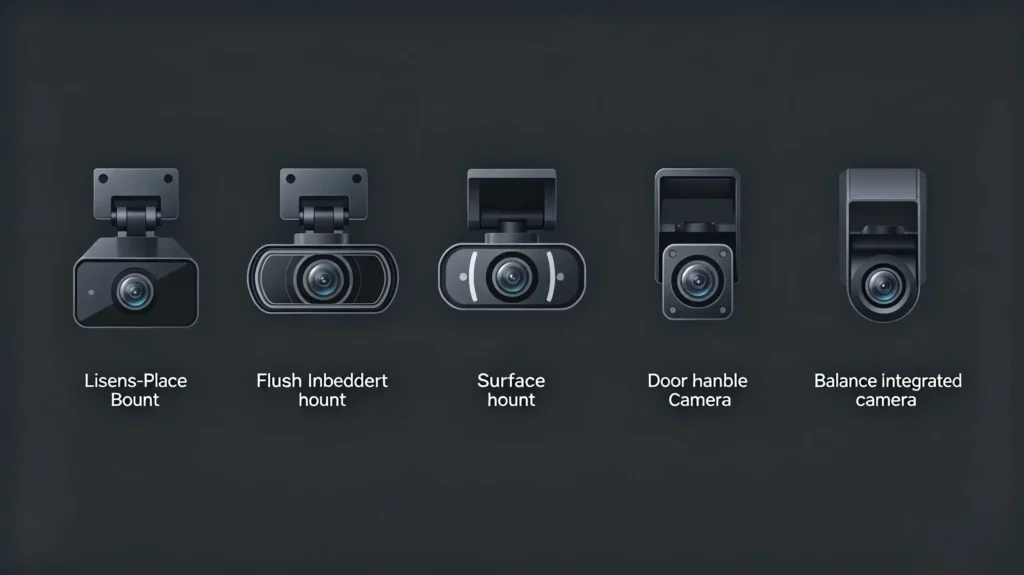 Five backup camera types comparison license plate, flush, surface, OEM replacement, handle mount
