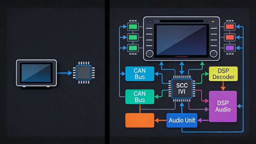 Hardware architecture comparison between standalone car navigation and integrated IVI system showing processor, display, CAN Bus integration, and audio processing differences