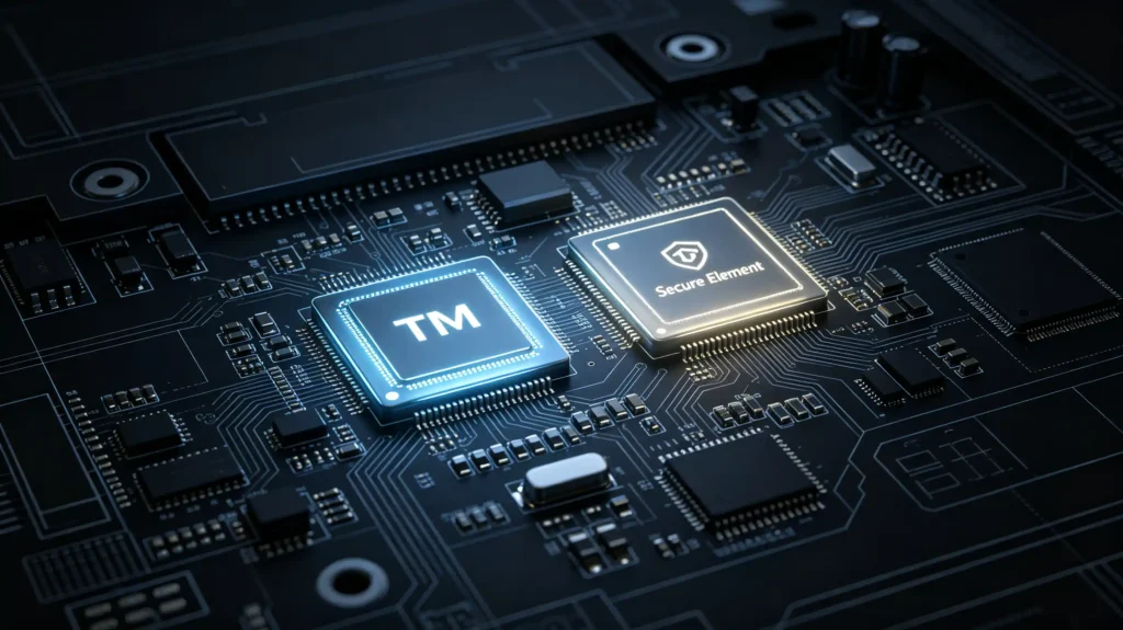 Hardware security features including Secure Element and TPM on head unit motherboard