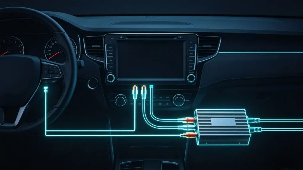 Head-unit-RCA-preamp-outputs-connected-to-external-car-amplifier-scaled