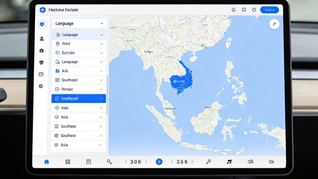 Head unit backend configuration interface displaying 30+ language support options and region-specific POI database coverage for export market localization
