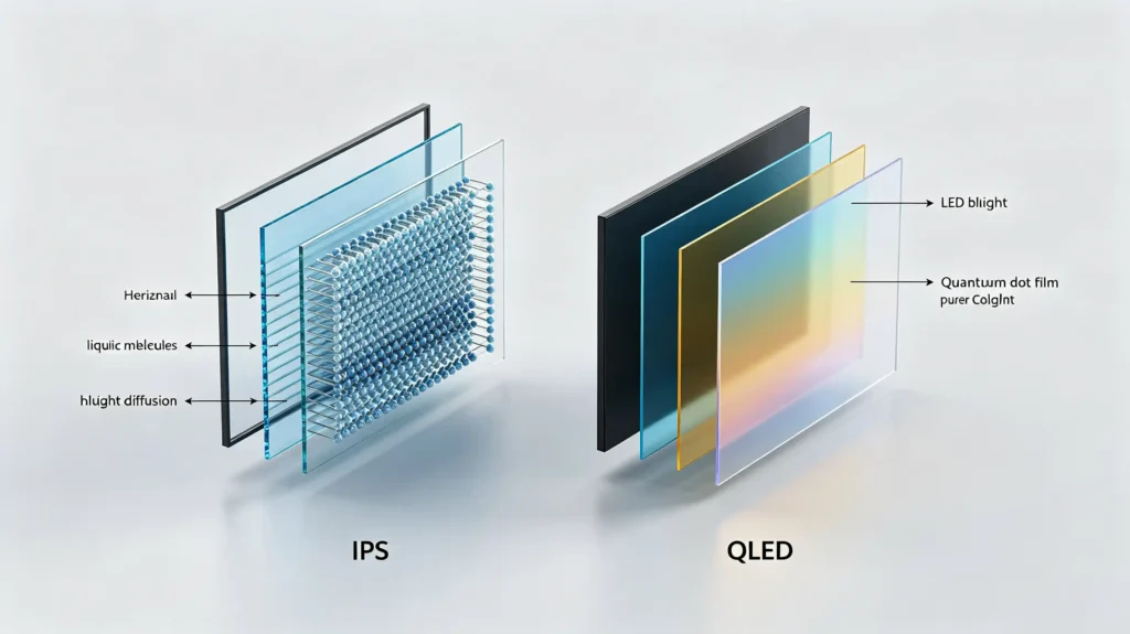 IPS and QLED display panel structure diagram showing liquid crystal alignment in IPS and quantum dot film layer in QLED for brightness and color enhancement