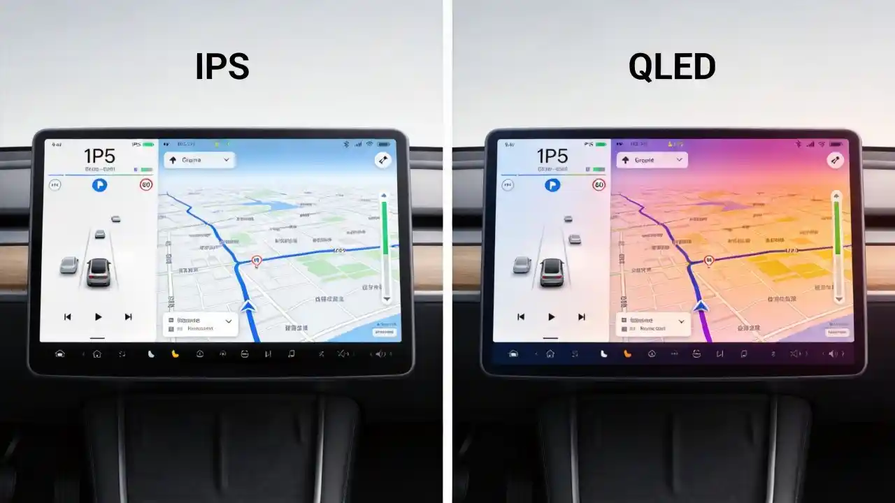 IPS vs QLED display panel comparison on car stereo showing color and brightness