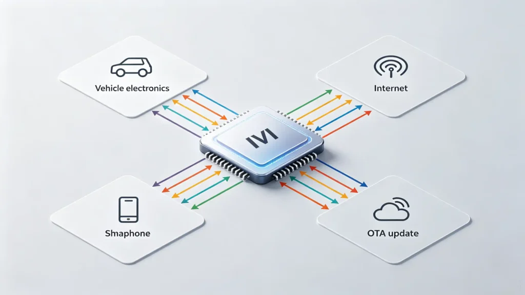 IVI on‑board communication unit diagram, CAN bus, bluetooth, Wi‑Fi OTA, 4G 5G cloud connectivity for vehicle infotainment