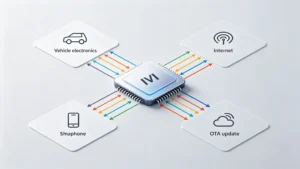 IVI on‑board communication unit diagram, CAN bus, bluetooth, Wi‑Fi OTA, 4G 5G cloud connectivity for vehicle infotainment