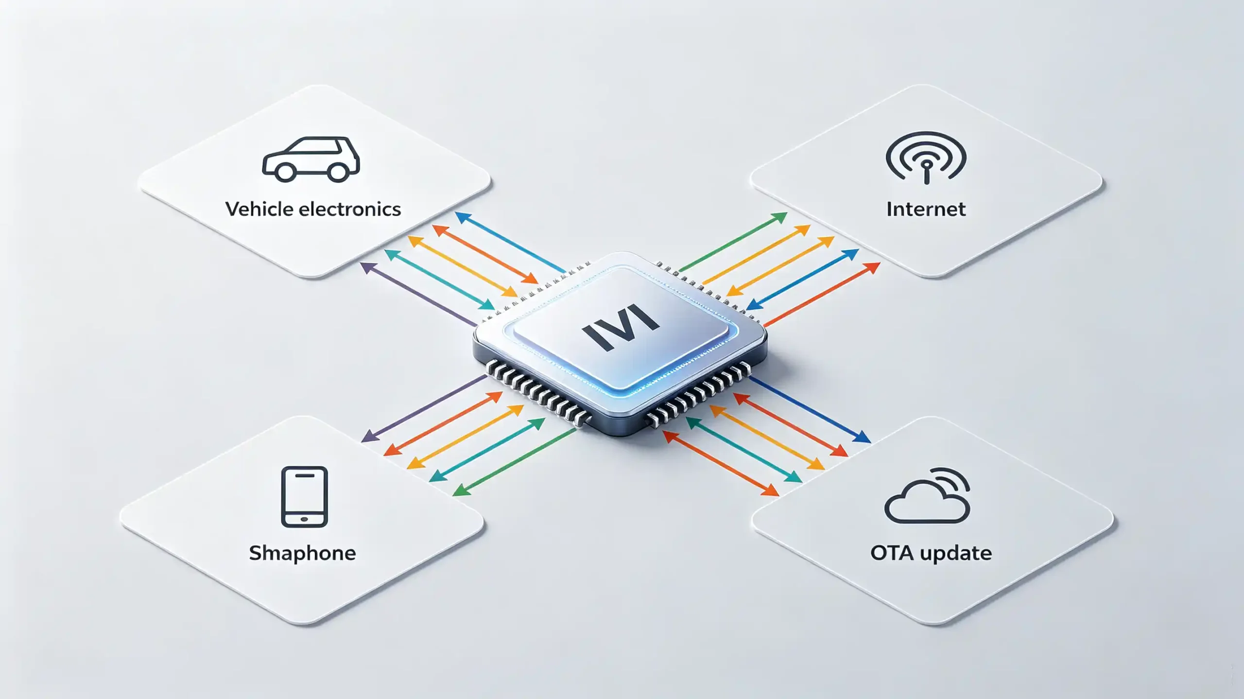 IVI on‑board communication unit diagram, CAN bus, bluetooth, Wi‑Fi OTA, 4G 5G cloud connectivity for vehicle infotainment