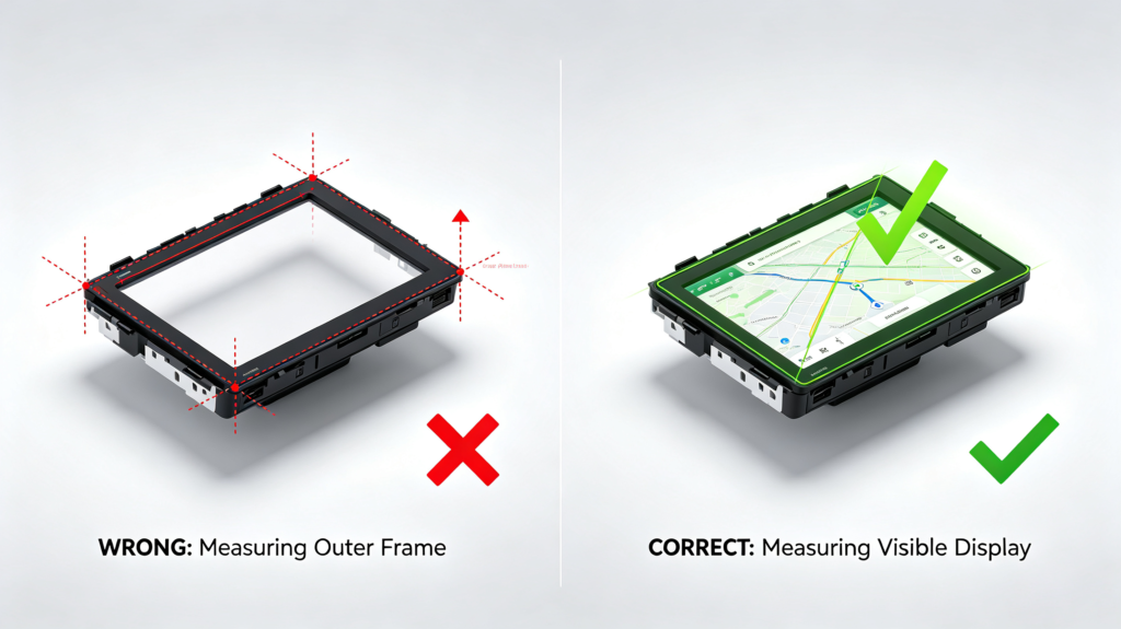How to measure Android head unit screen size correctly — visible display area diagonal versus outer frame size