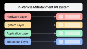 In-Vehicle Infotainment system architecture diagram showing hardware, system, application, and interaction layers