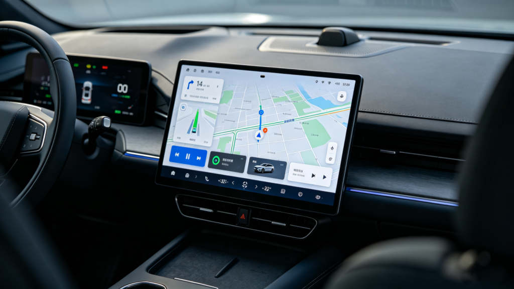 In-Vehicle Infotainment system installed in dashboard showing navigation, media, and vehicle information on a single screen