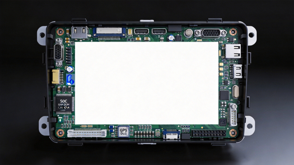 In-Vehicle Infotainment system mainboard showing SoC processor, memory, GPS module, CAN Bus interface, and connectivity modules