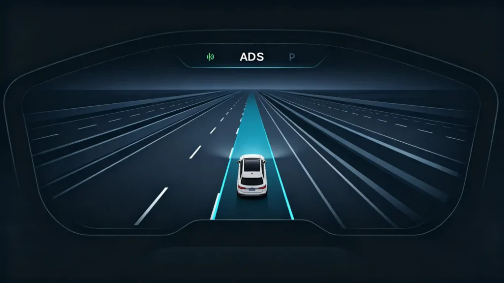 Lane-level positioning on digital cluster showing vehicle in specific lane on highway